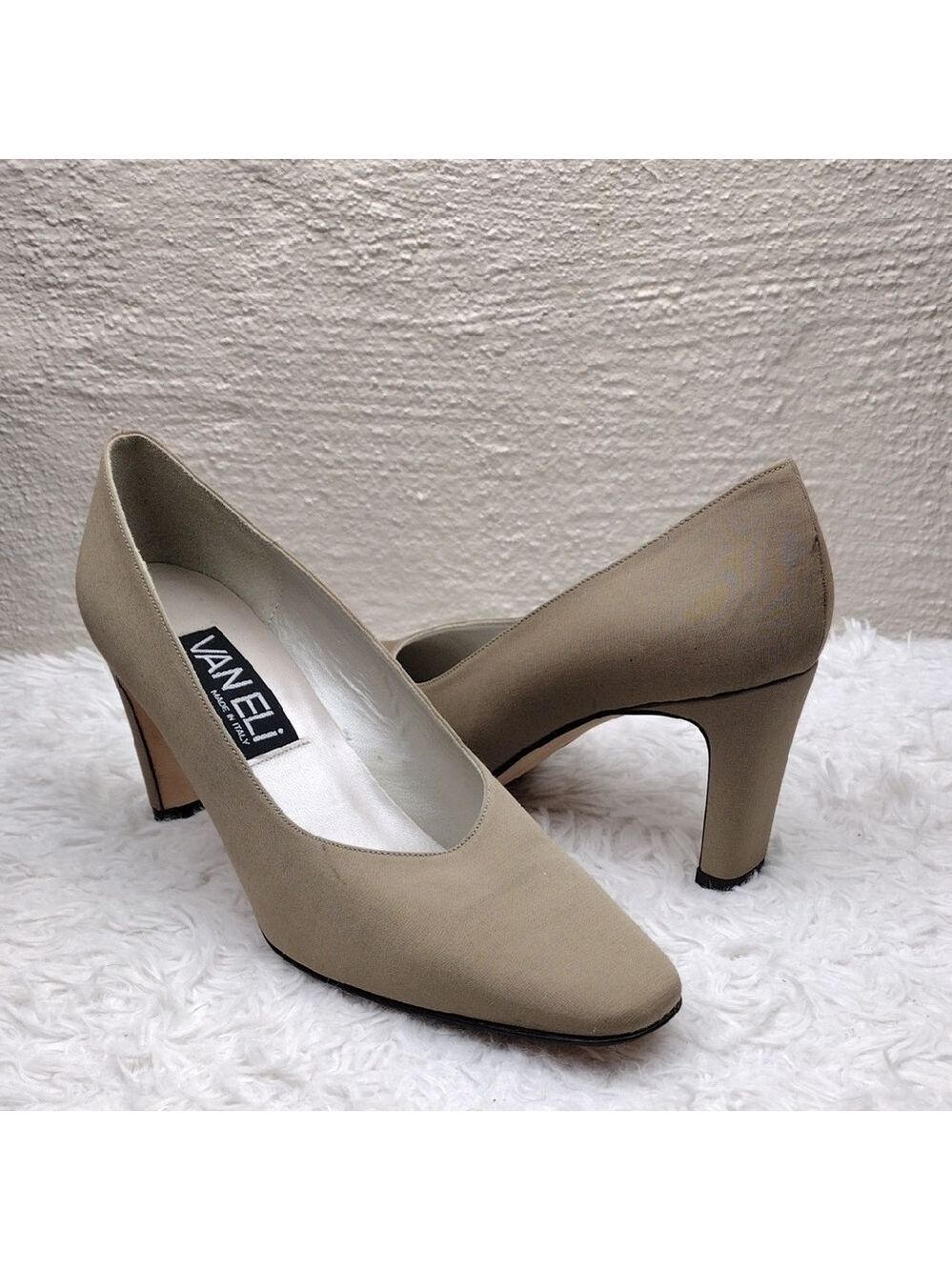 Van Eli Barbette Beige Tan Fabric Square Toe Mid Square Heel Slip On Pump Shoe